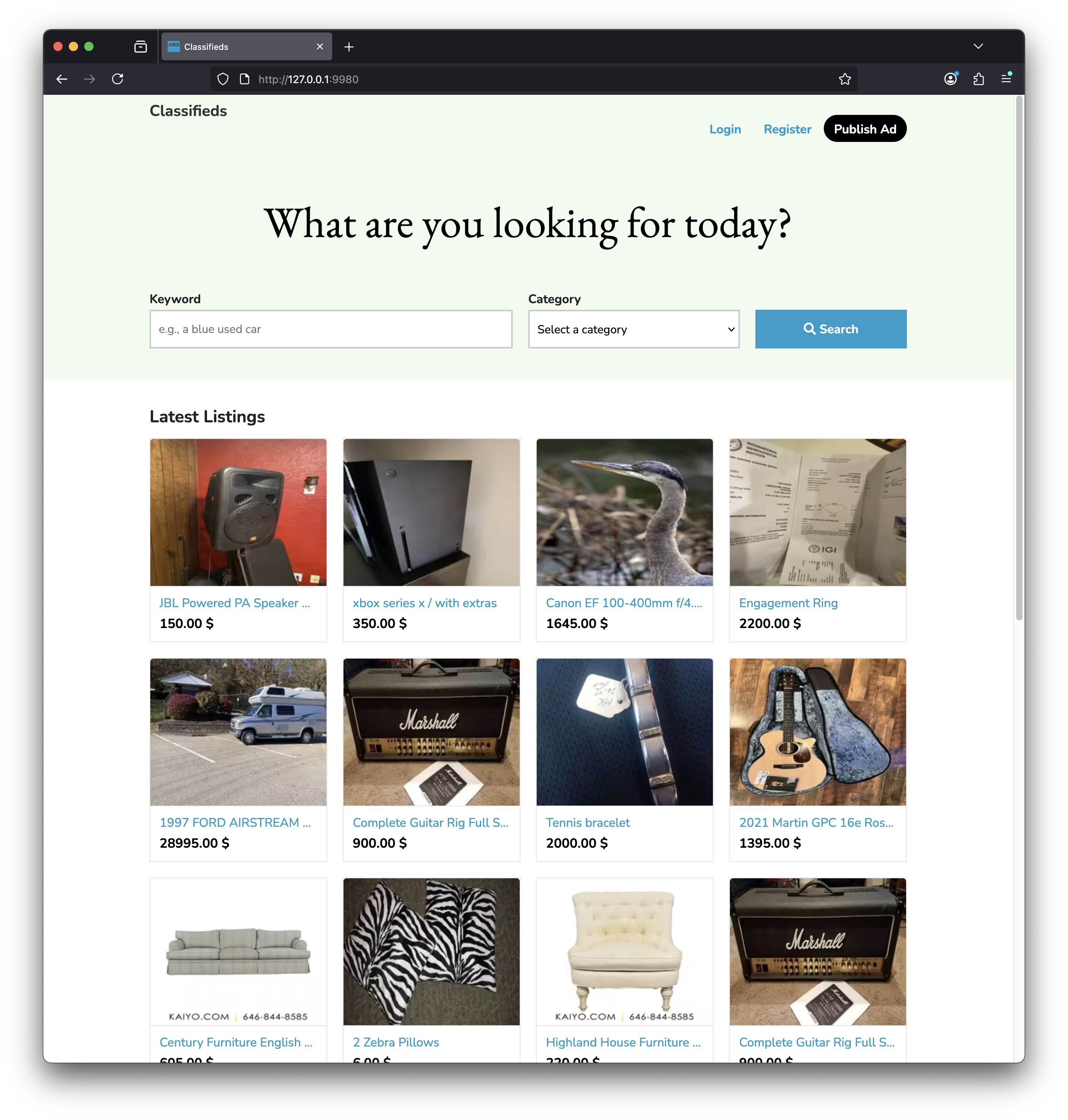 A screenshot of a classifieds webpage