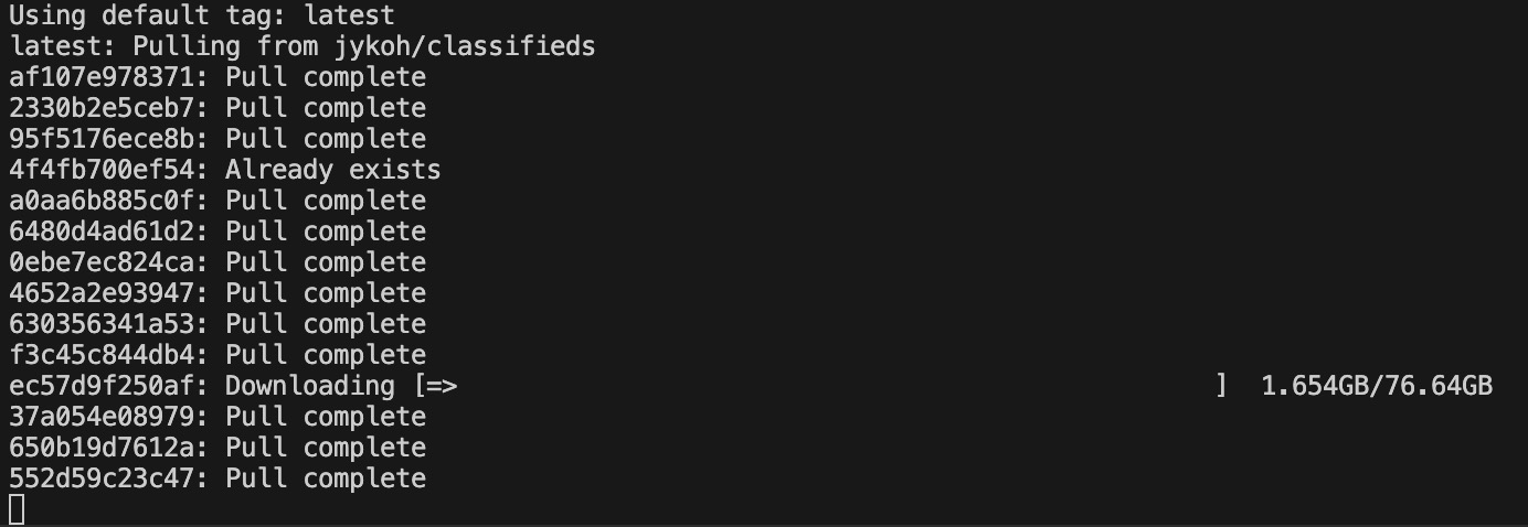 An in-progress docker pull showing '1.654GB/76.64GB'